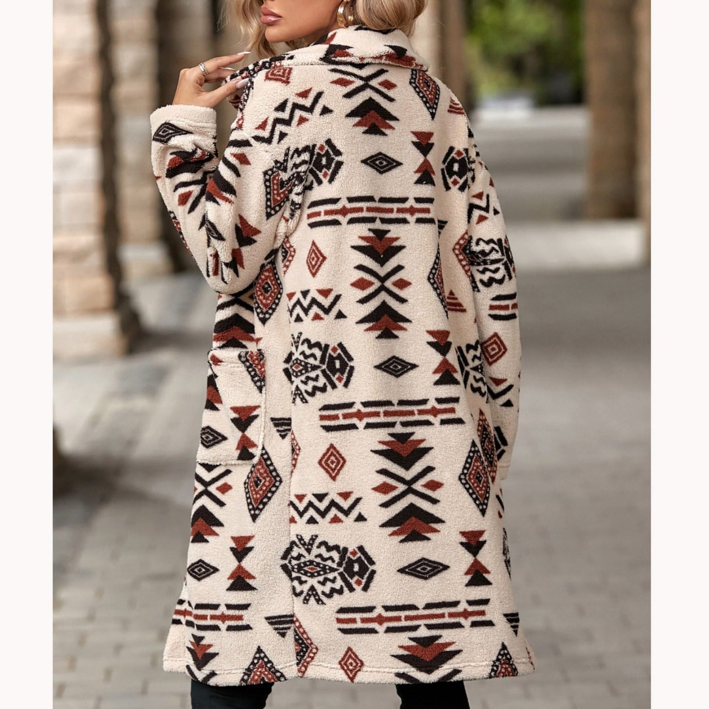 Boho-Inspired Long Coat | Eye-Catching Tribal Print | Soft Fabric Blend | Fall & Winter Statement Piece