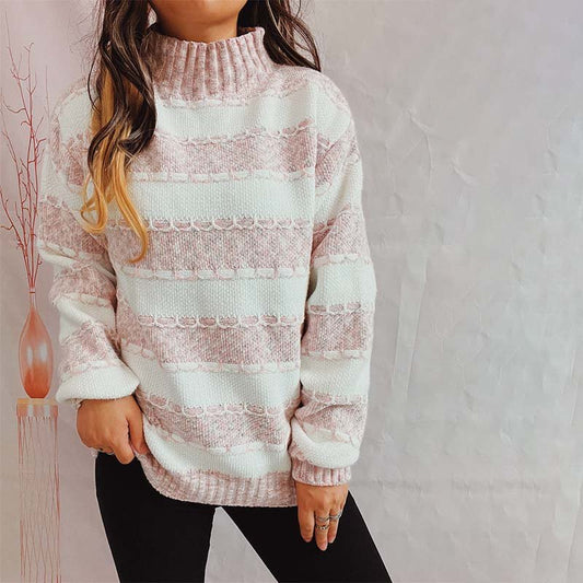 Chunky Knit Sweater | Pink and White Stripes | Acrylic Blend | Winter Casual