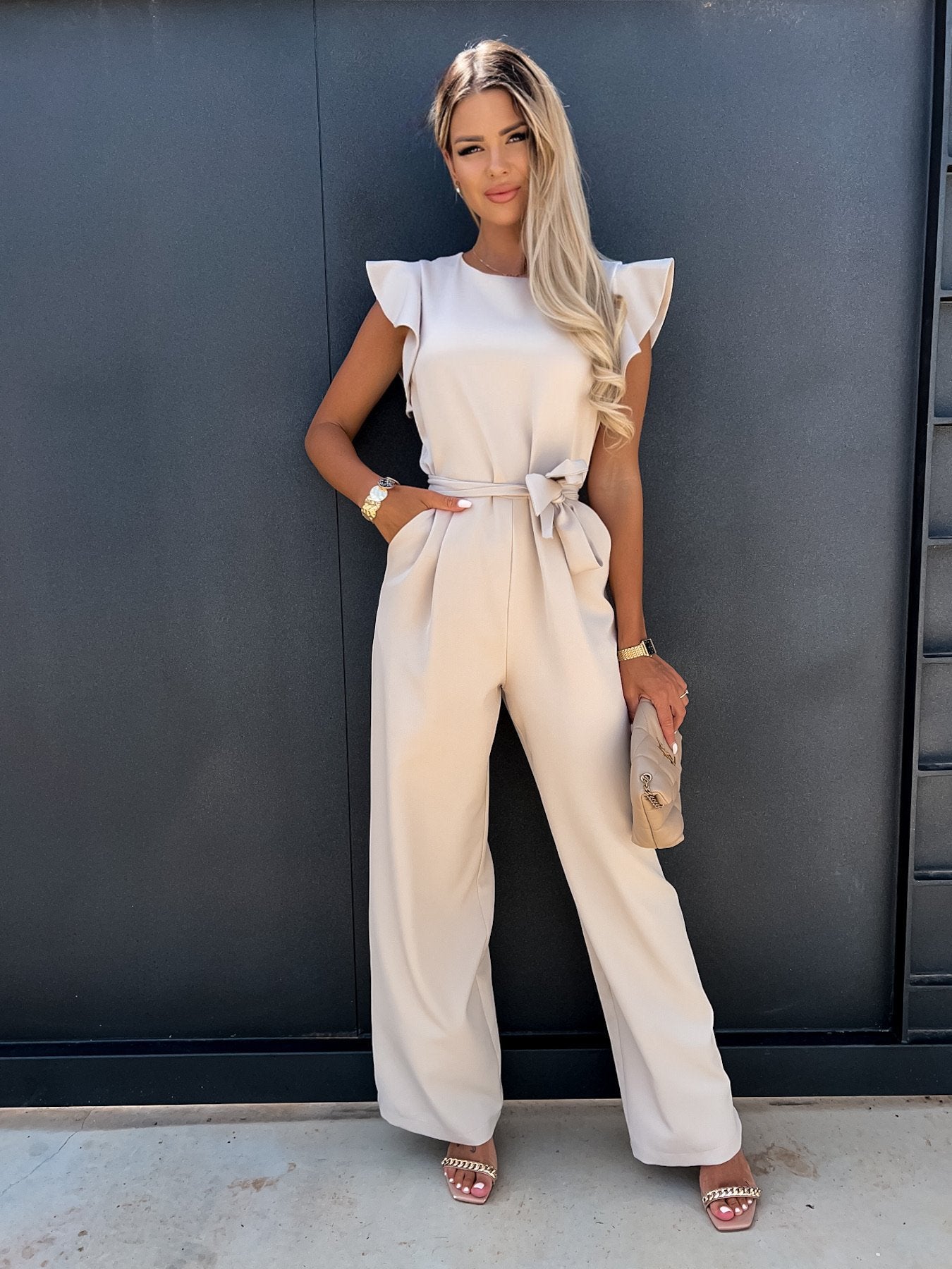 Elegant Wide-Leg Jumpsuit | Ruffled Shoulder Design | Belted Waist | Perfect for Evening or Formal Events