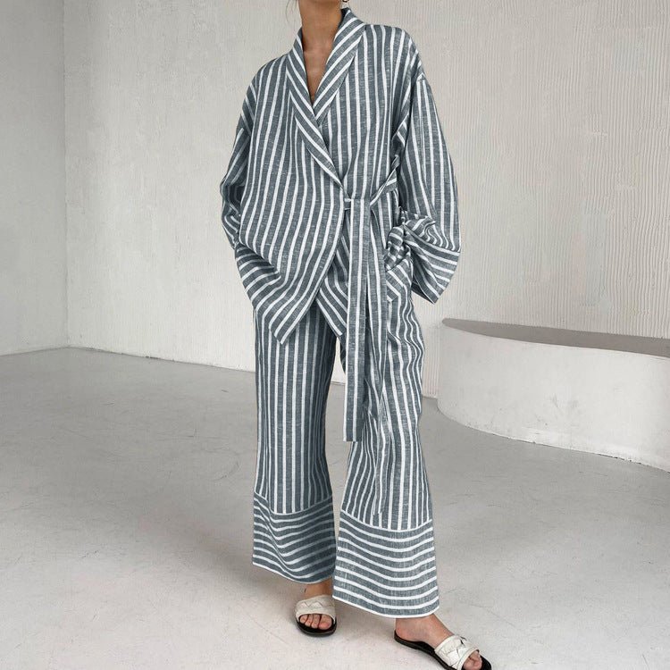 Striped Lounge Set | Belted Wrap Top & Wide-Leg Pants | Relaxed Resort Fit