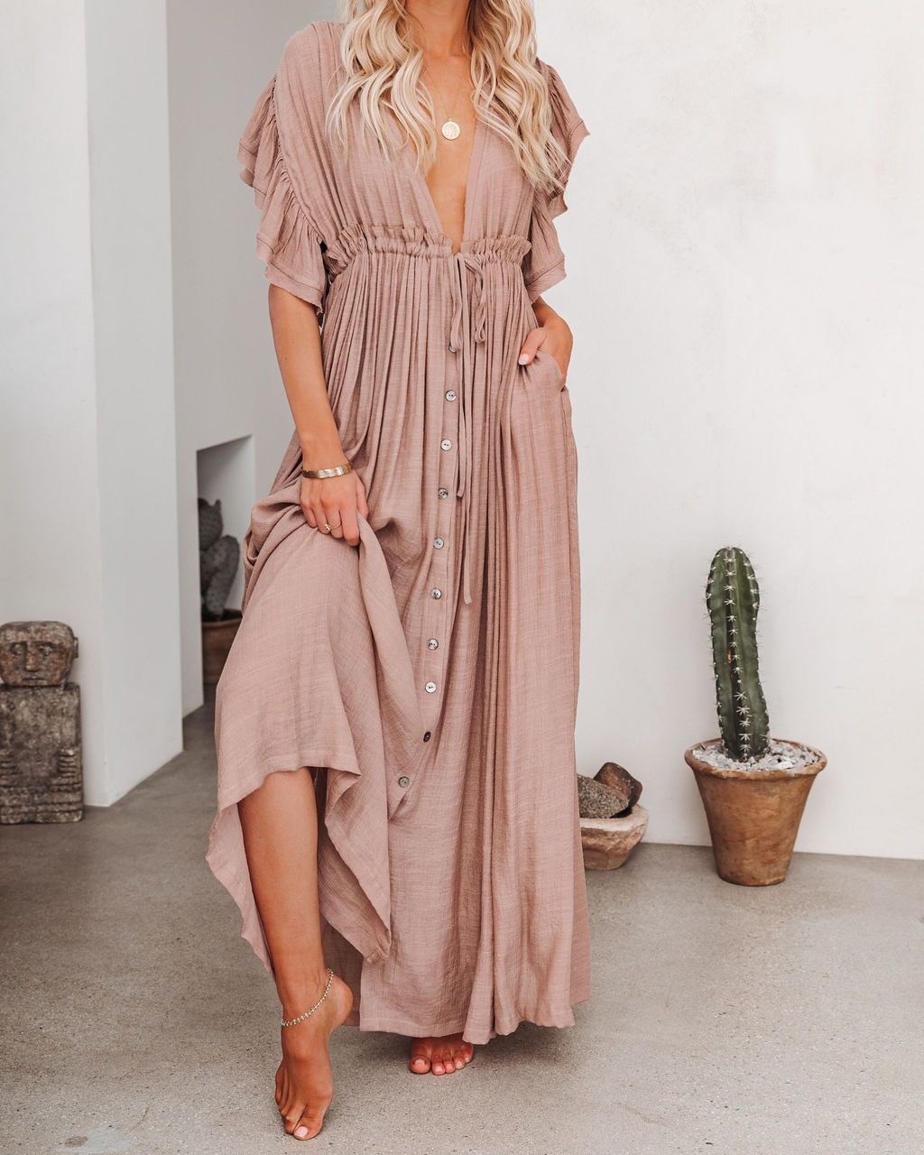Bohemian Maxi Dress | Button-Front Design | 100% Cotton
