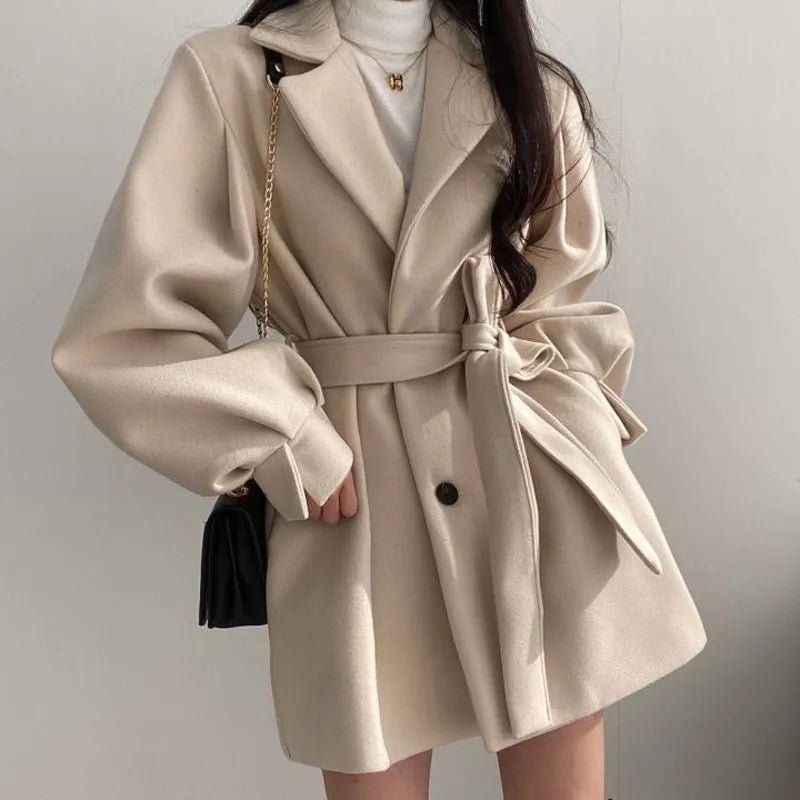 Chic Belted Wool Coat | Balloon Sleeves | Elegant Short Trench | Fall & Winter