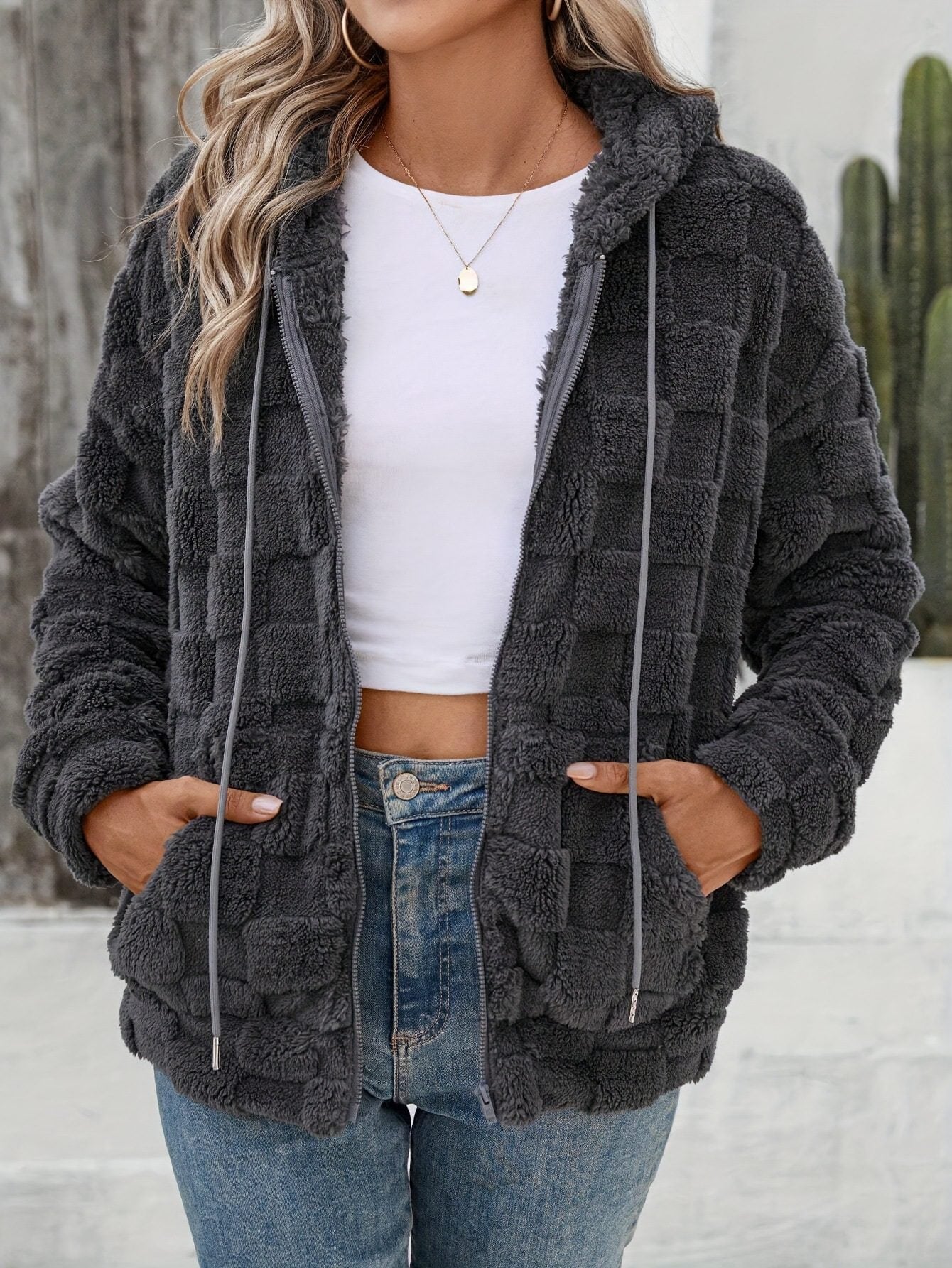 Casual Faux Fur Zip-Up Hoodie | Soft Plush Comfort | Polyester Blend | Everyday Outerwear