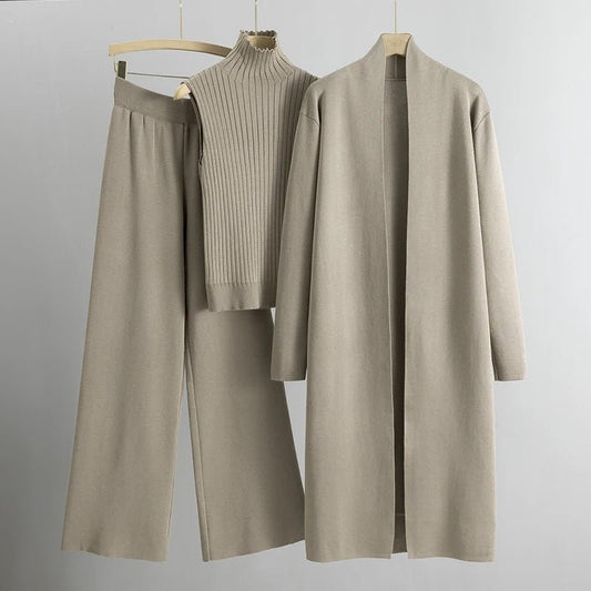 3-Piece Lounge Set | Ribbed Turtleneck Knit | Longline Cardigan & Joggers