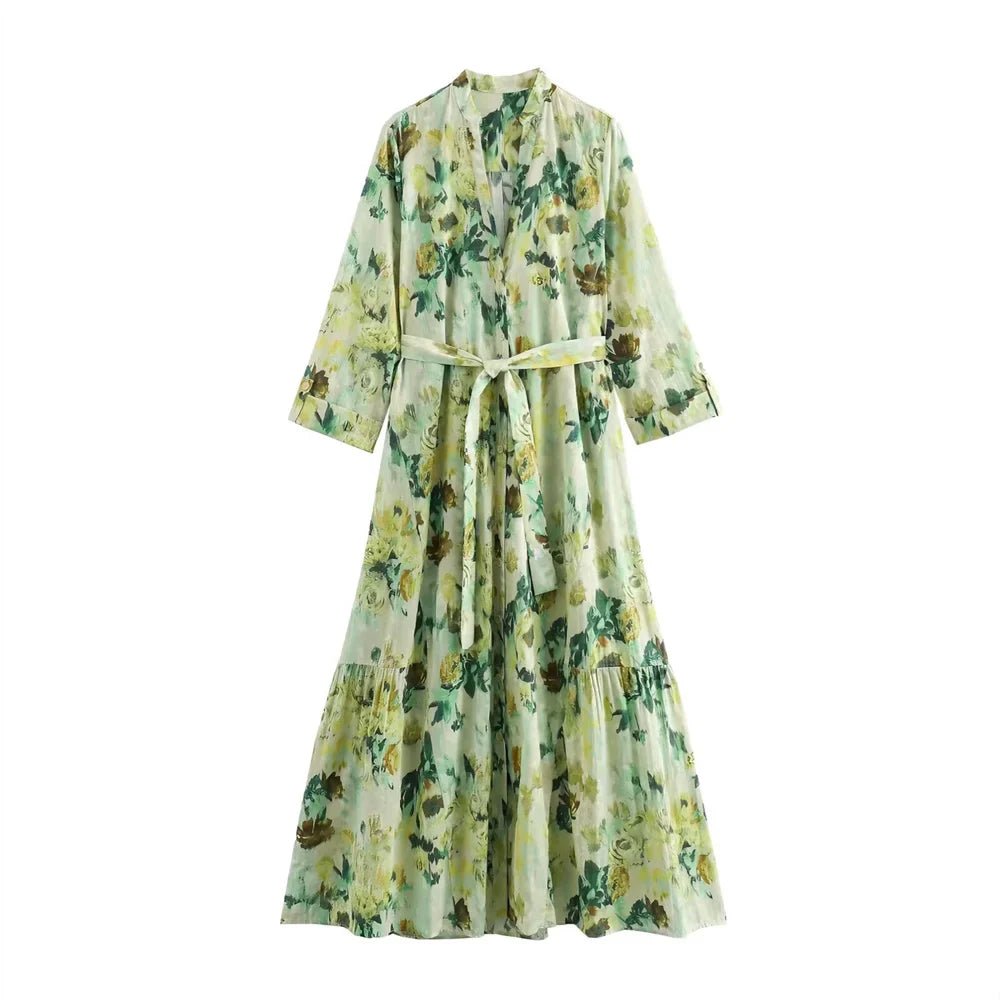Floral Belted Maxi Dress | High Neckline | Elegant Flowing Design | Garden Party Ready