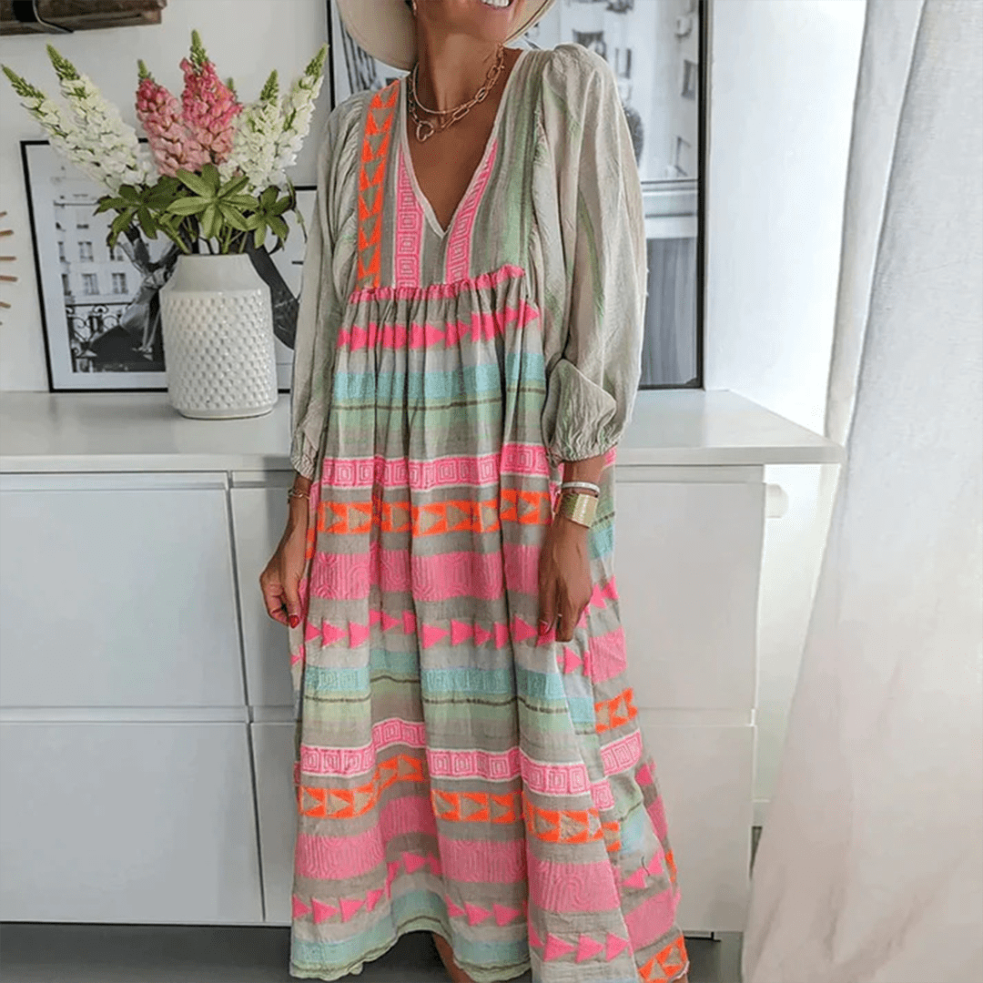 Boho Embroidered Midi Dress | Balloon Sleeve | Neon Tribal Accents