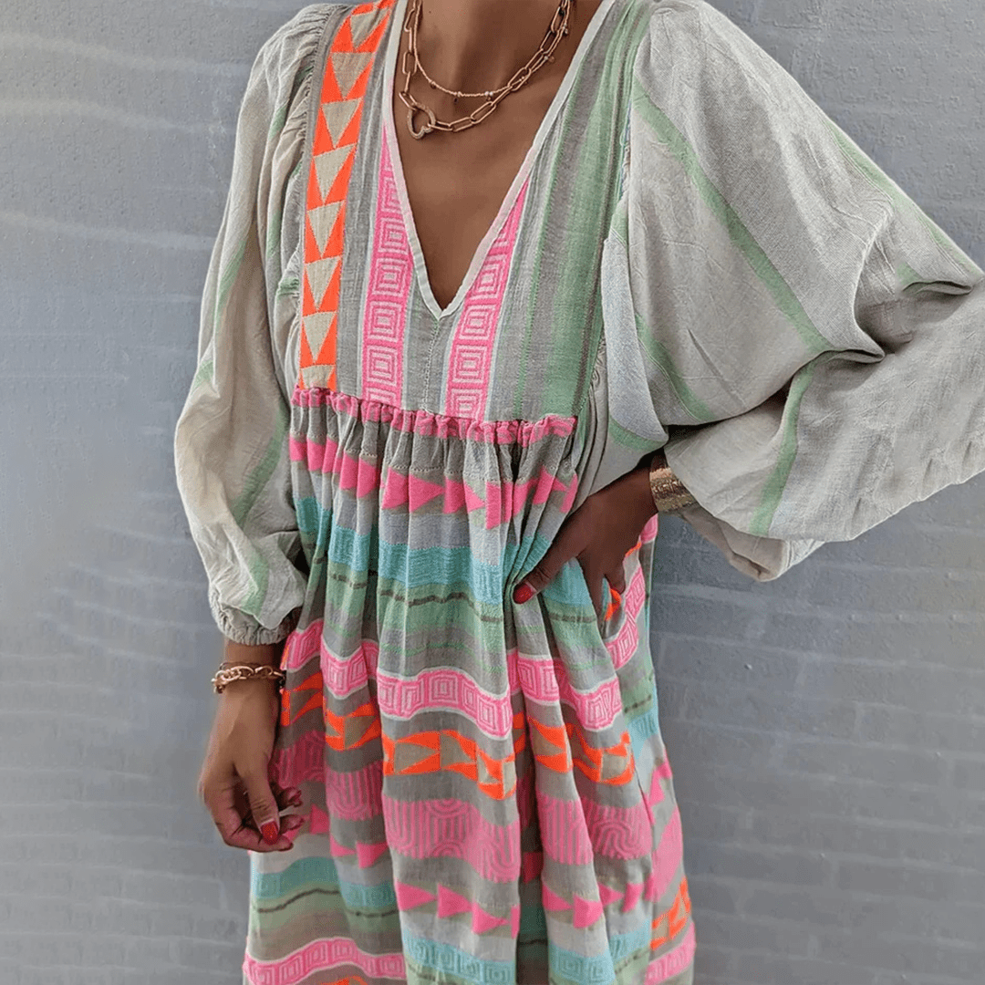 Boho Embroidered Midi Dress | Balloon Sleeve | Neon Tribal Accents