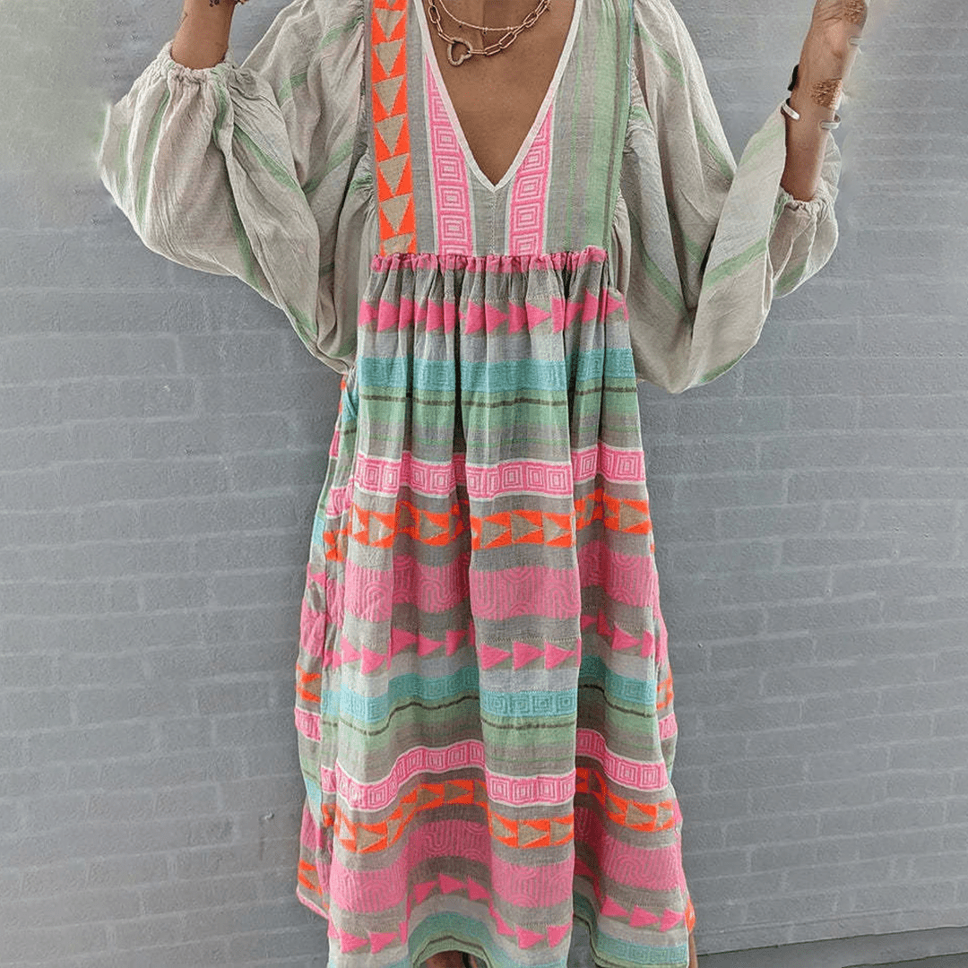 Boho Embroidered Midi Dress | Balloon Sleeve | Neon Tribal Accents