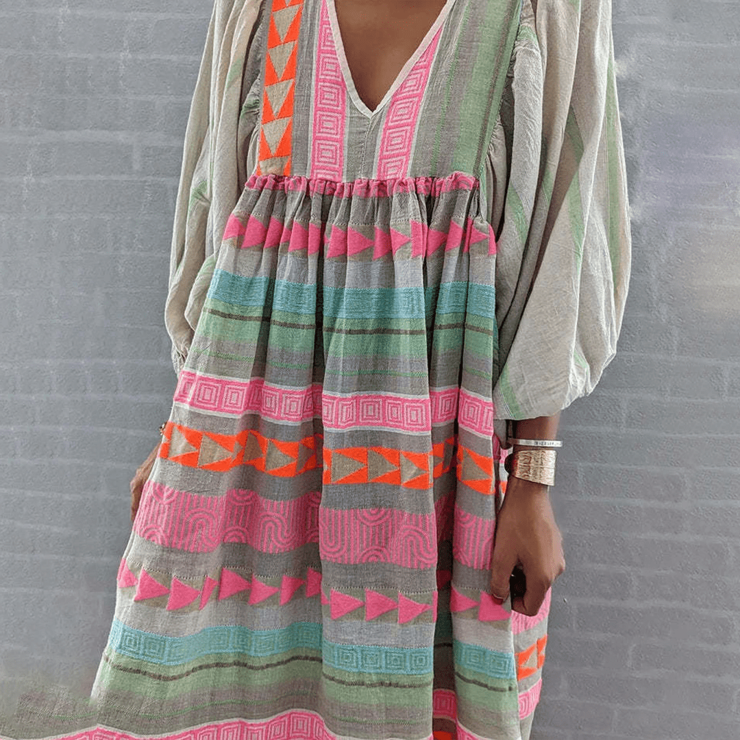 Boho Embroidered Midi Dress | Balloon Sleeve | Neon Tribal Accents