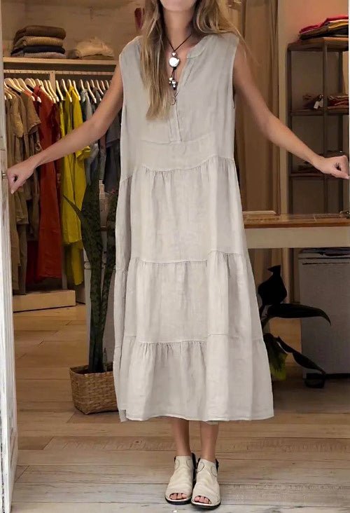 Sleeveless Tiered Cotton Maxi Dress | Button-Front Detail | Relaxed Fit
