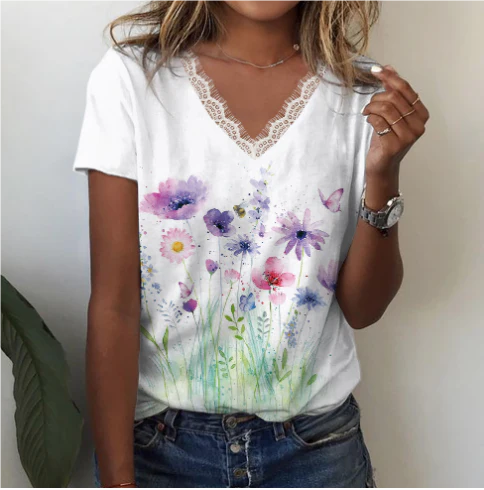 Lace V-Neck Floral Tee | Watercolour Wildflower Print | Casual Summer T-Shirt
