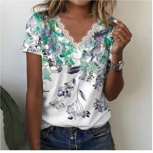 Lace V-Neck Floral Tee | Watercolour Wildflower Print | Casual Summer T-Shirt