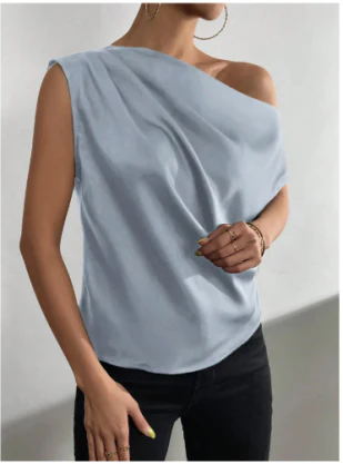 Asymmetrical One-Shoulder Blouse | Draped Satin Look | Elegant Sleeveless Top