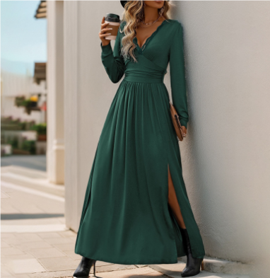 Women's Long Sleeve Maxi Dress | Deep V-Neck High-Slit Dress | Casual to Formal Fall Outfit