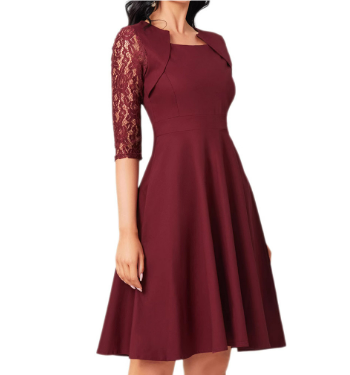 Women’s Fit-and-Flare Dress | Lace Sleeve Party Style | Elegant Stretch Knit