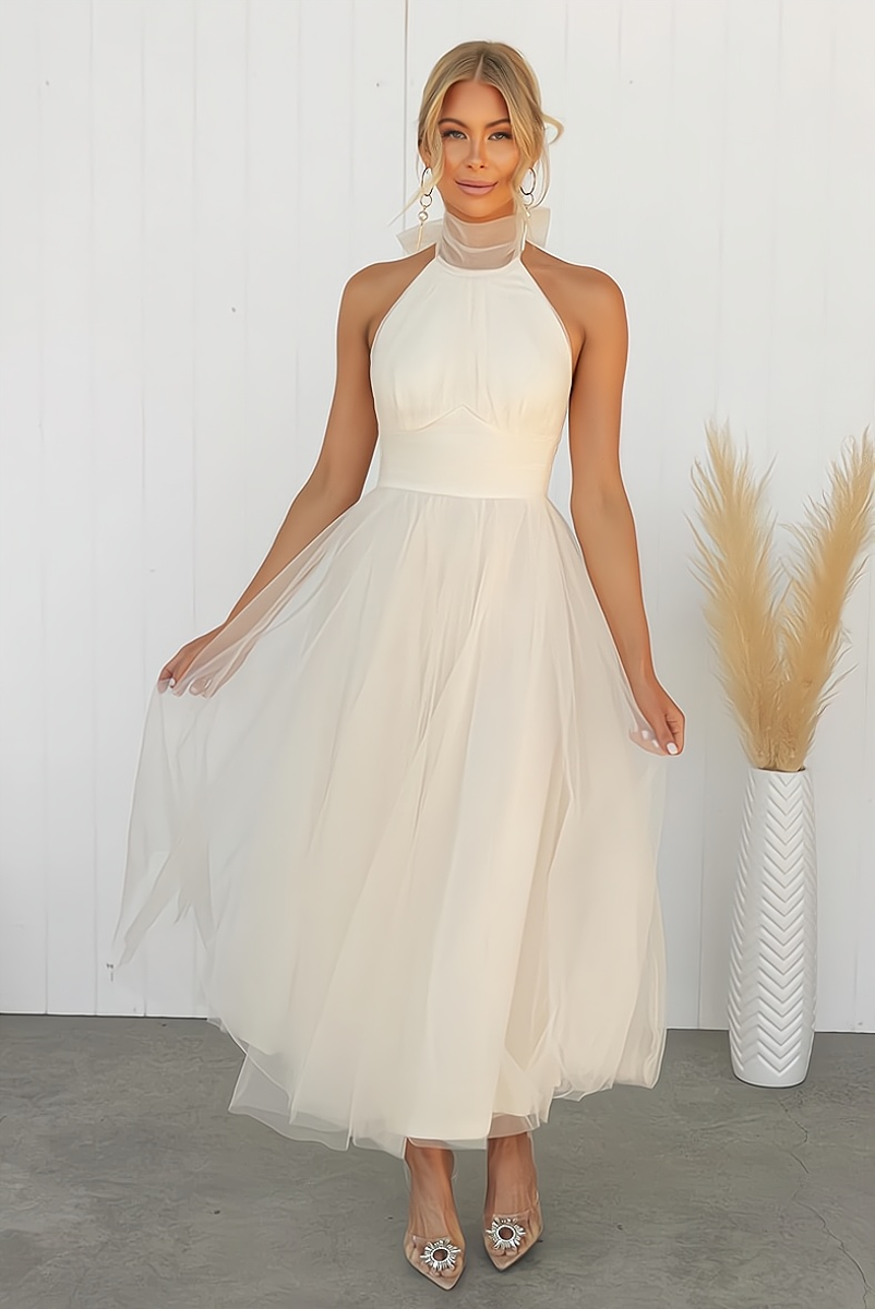 Halter Neck Tulle Midi Dress | Layered A-Line with Sheer Tie Neck | Elegant Occasionwear