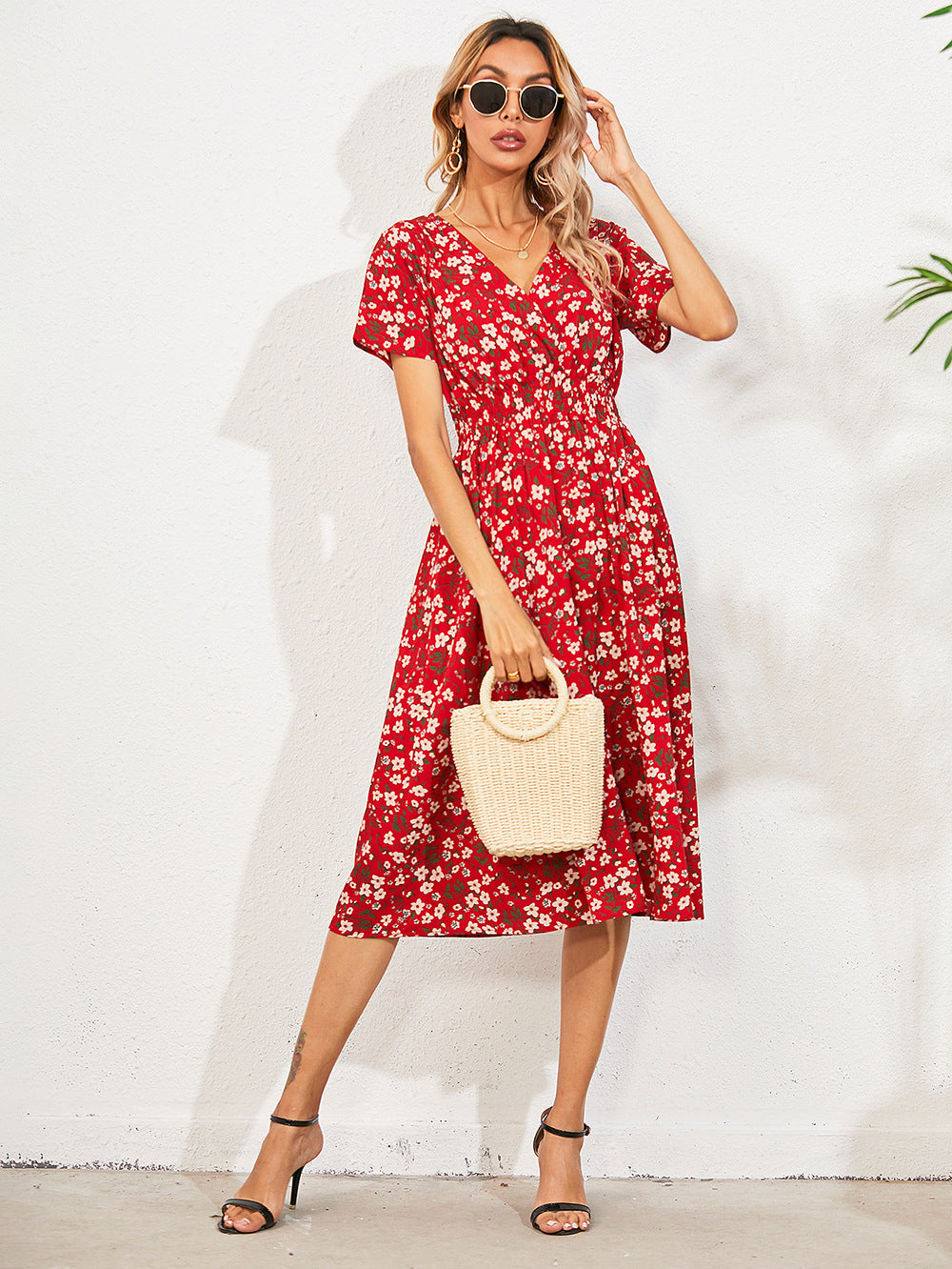 Floral V-Neck Midi Dress | Lightweight Summer Style | Cinched Waist