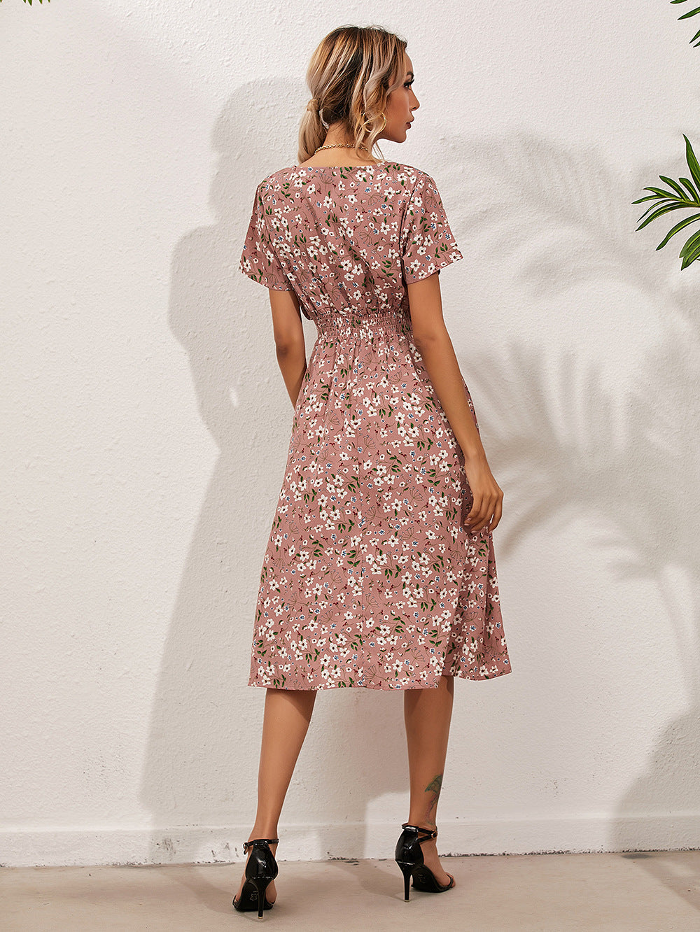 Floral V-Neck Midi Dress | Lightweight Summer Style | Cinched Waist