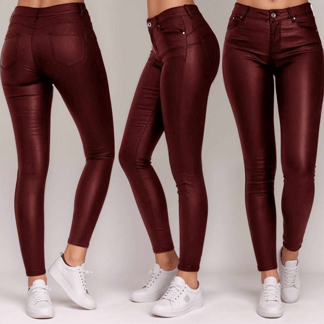 High Waist Faux Leather Pants | Full Length | Polyester-Spandex Blend