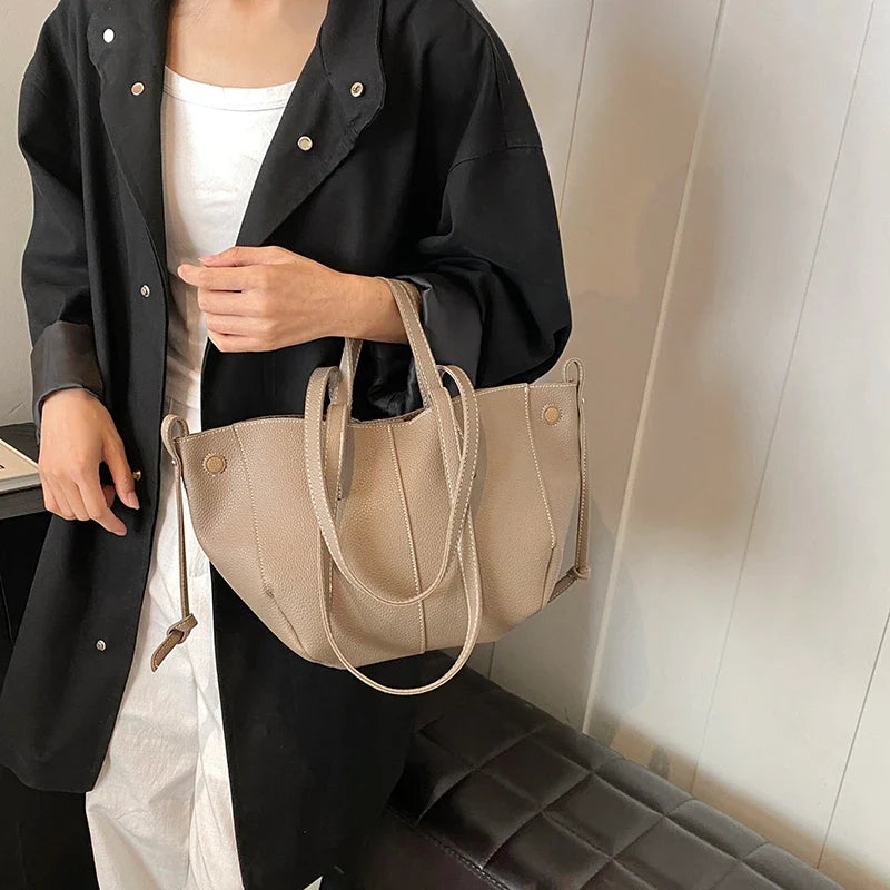 Curved Tote Bag | Dual Handle & Drawstring Detail | Structured PU Leather