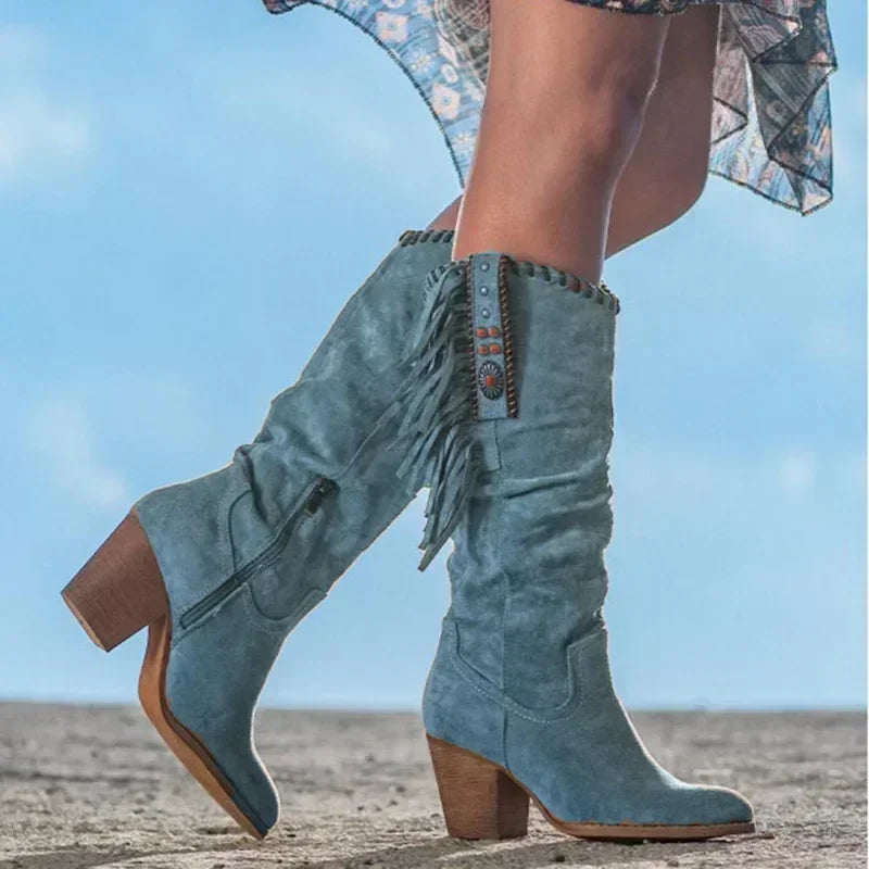 Boho Western Fringe Boots | Embellished Tall Shaft | Mid Block Heel Festival Style