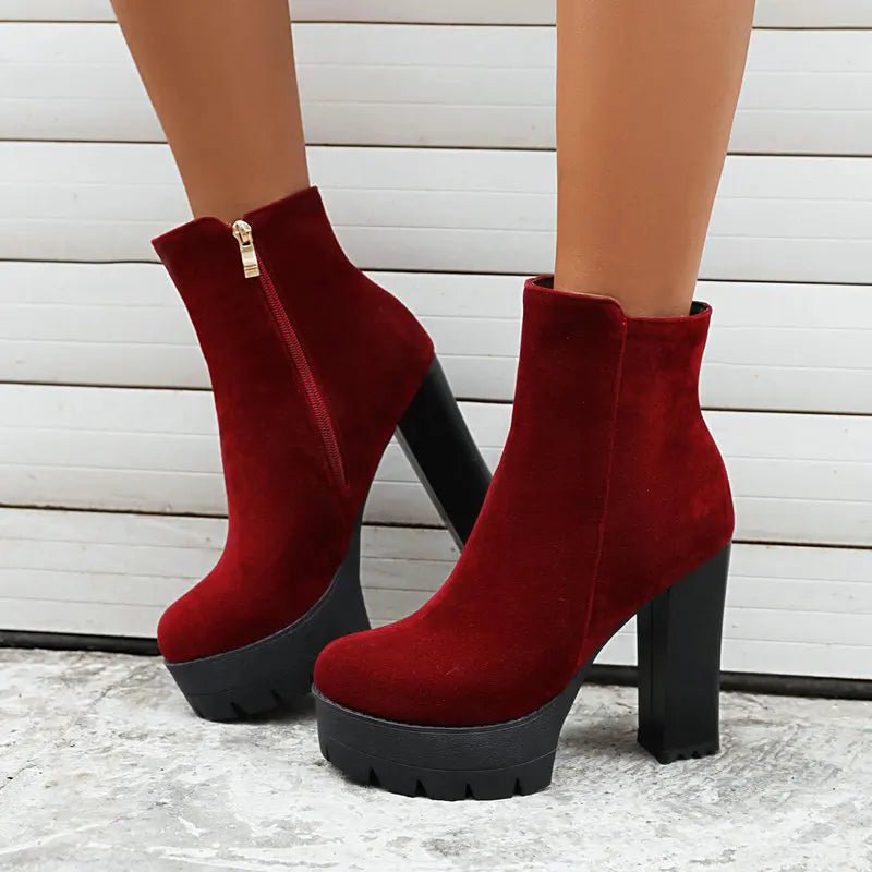 Chunky Heel Platform Ankle Boots | Faux Suede | Lug Sole Design | Fall & Winter Wear
