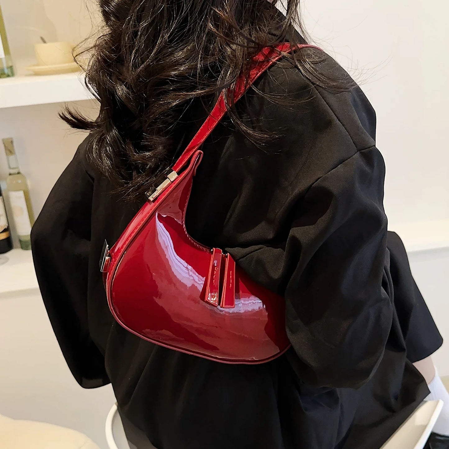Patent Crescent Bag | Glossy PU Finish & Sculpted Handle | Statement Mini Shoulder Bag