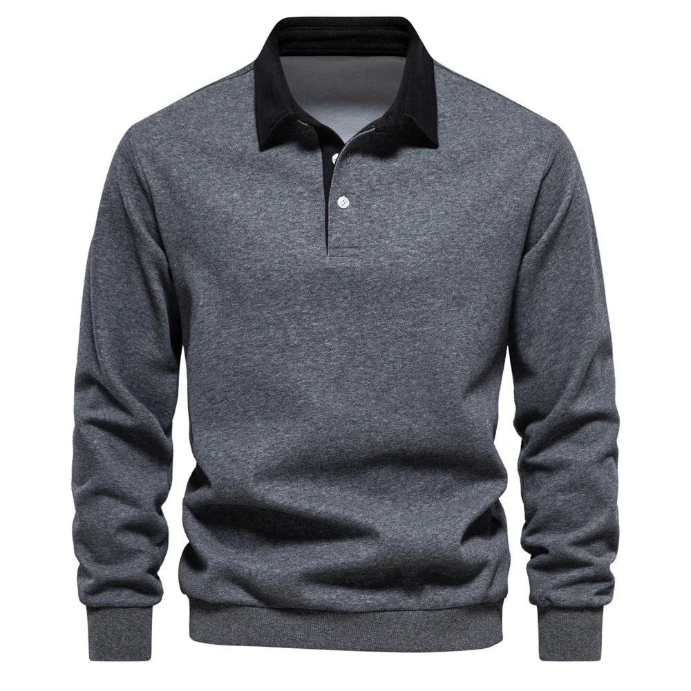 Men’s Long Sleeve Polo Sweatshirt | Ribbed Hem Rugby Style | Casual Smart-Collar Pullover
