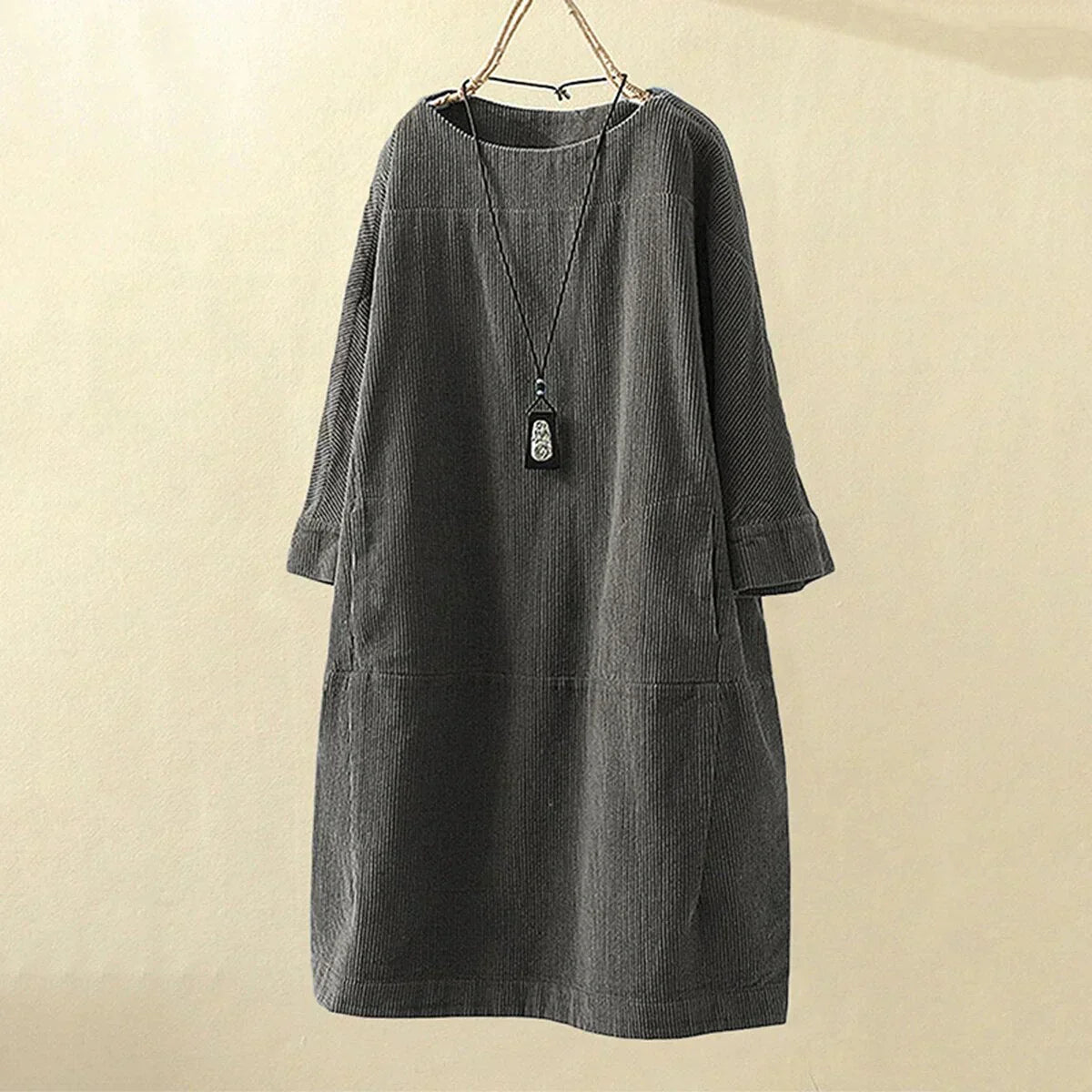 Corduroy Shift Dress | 3/4 Sleeve Relaxed Fit | Soft Washed Texture