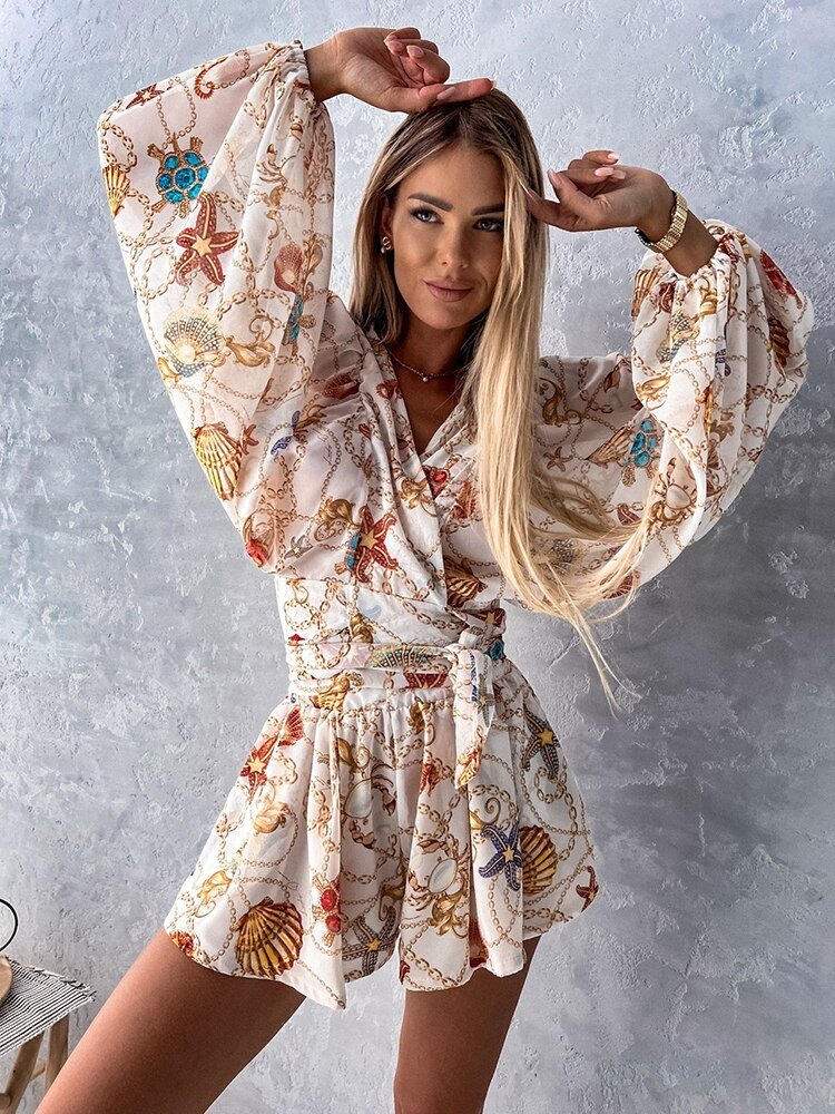 Tropical Print Romper | Wrap-Style Top | Elastic Waist Shorts