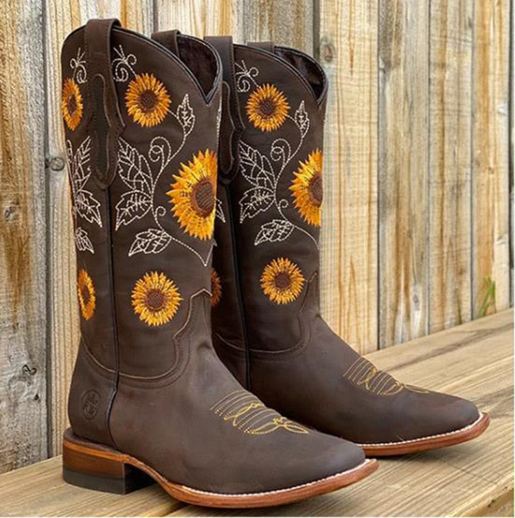 Sunflower Embroidered Western Boots | Tall Shaft Leather Look | Country Cowgirl Style