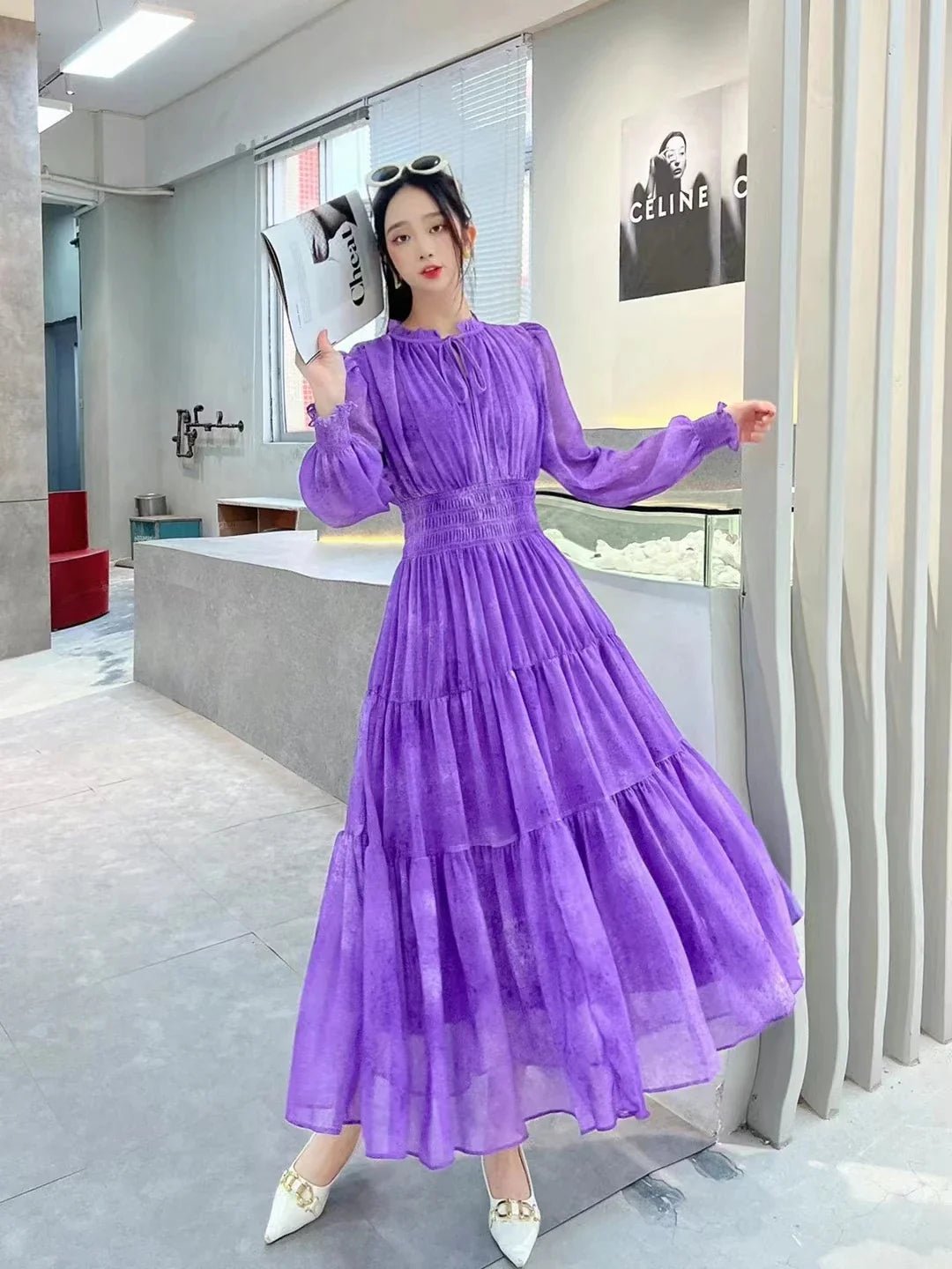 Elegant Tiered Chiffon Midi Dress | Sheer Long Sleeves | Flowing Fit | Evening Wear