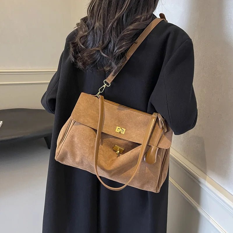 Suede Shoulder Bag | Soft Plaid Texture with Gold Hardware | Classic Flap Satchel