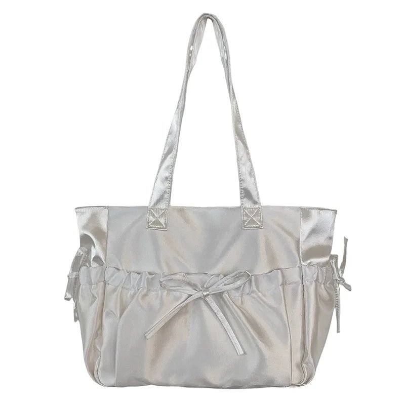 Satin Ruffle Tote Bag | Bow Accent | Soft Finish Shoulder Style