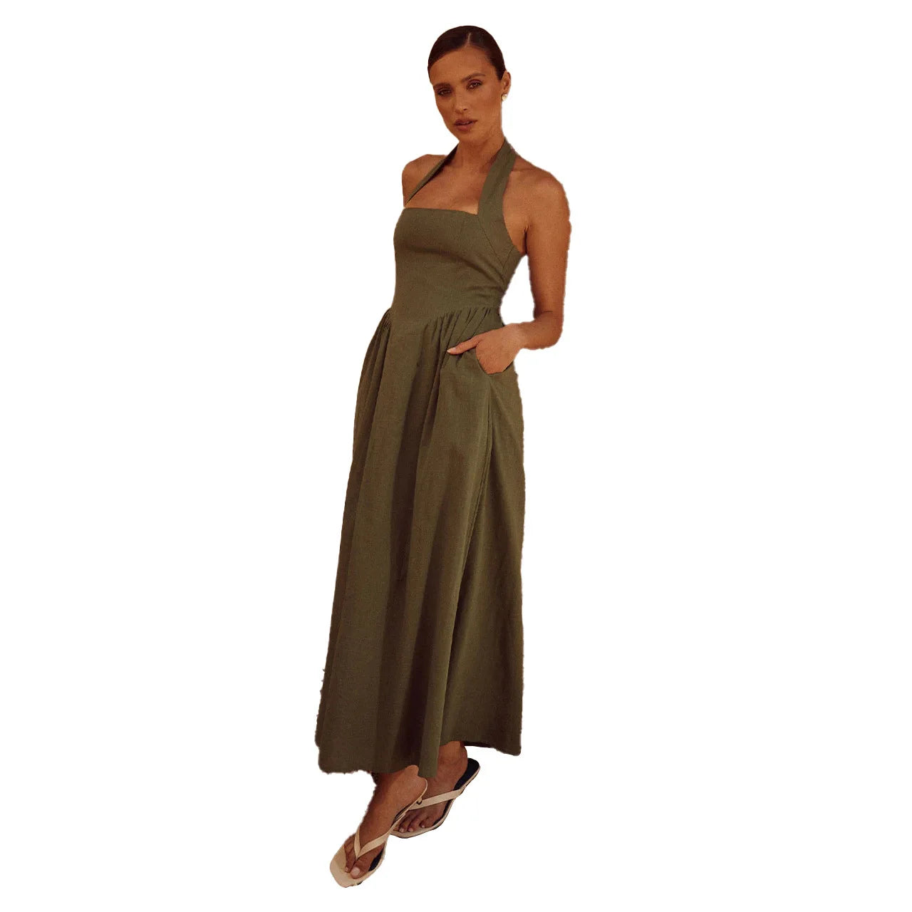Halter Midi Sundress | Fitted Bodice with Pockets | Lightweight Summer Linen Blend
