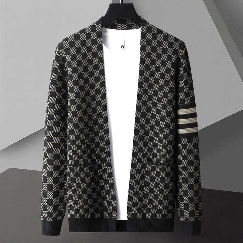 Men’s Checkered Knit Cardigan | Open Front Casual Sweater | Lightweight Streetwear Layer