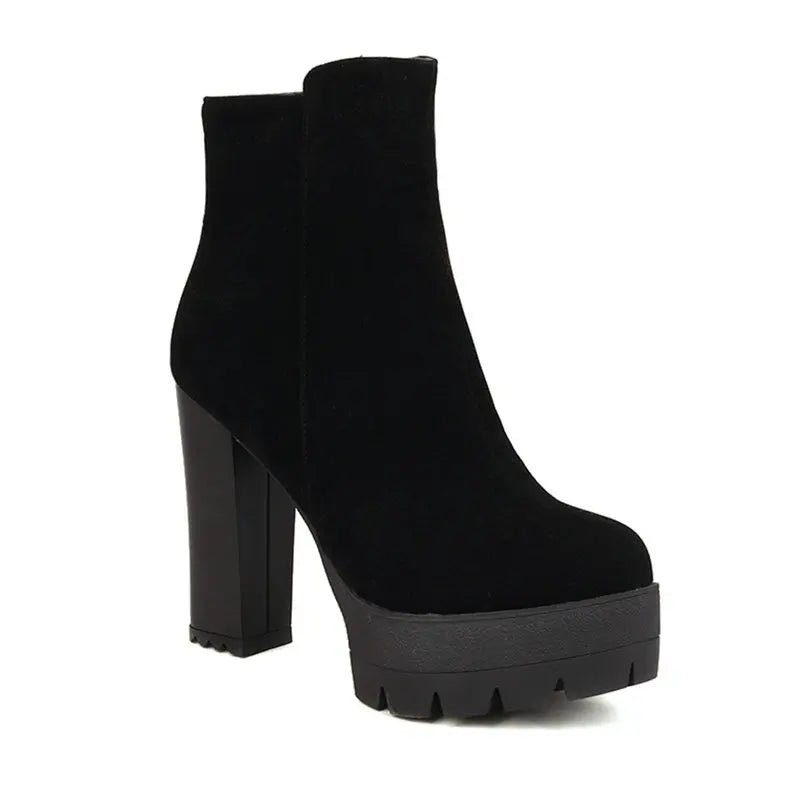 Chunky Heel Platform Ankle Boots | Faux Suede | Lug Sole Design | Fall & Winter Wear