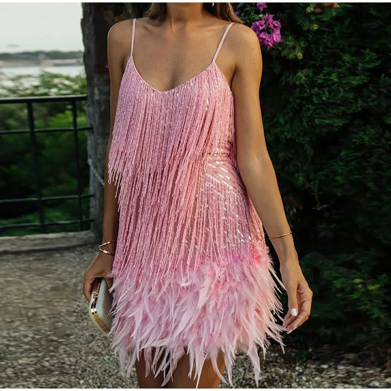 Glamorous Feathered Mini Dress | Eye-Catching Fringe Design | Party-Ready Look | Evening Wear