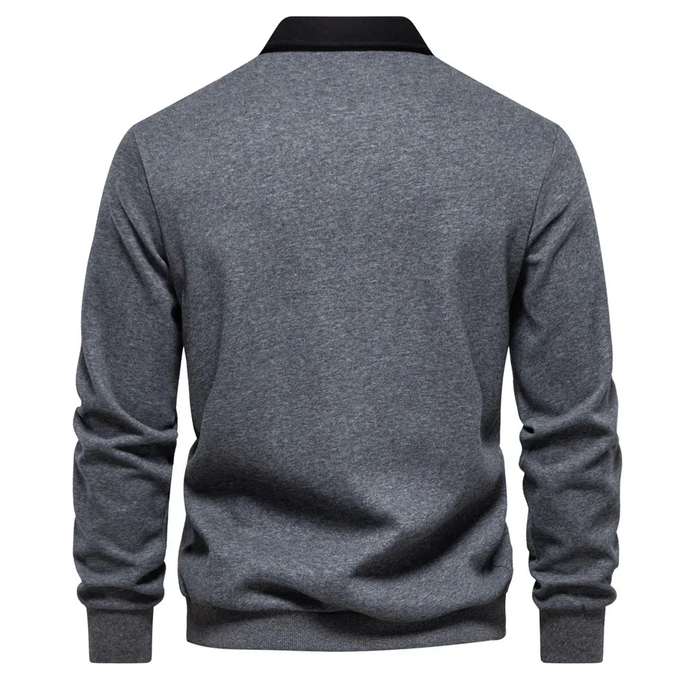 Men’s Long Sleeve Polo Sweatshirt | Ribbed Hem Rugby Style | Casual Smart-Collar Pullover