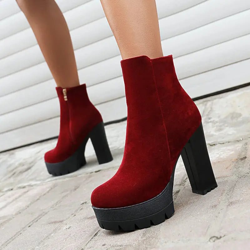 Chunky Heel Platform Ankle Boots | Faux Suede | Lug Sole Design | Fall & Winter Wear