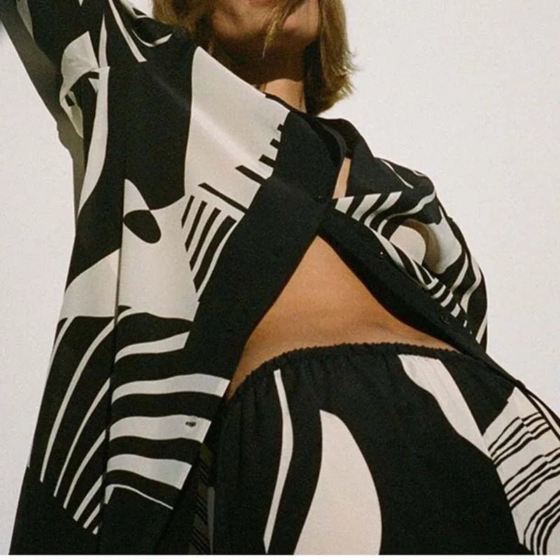 Women's Wide-Leg Pants Set | Abstract Black & Ivory Print | Relaxed Fit Button-Up and Trouser Co-ord
