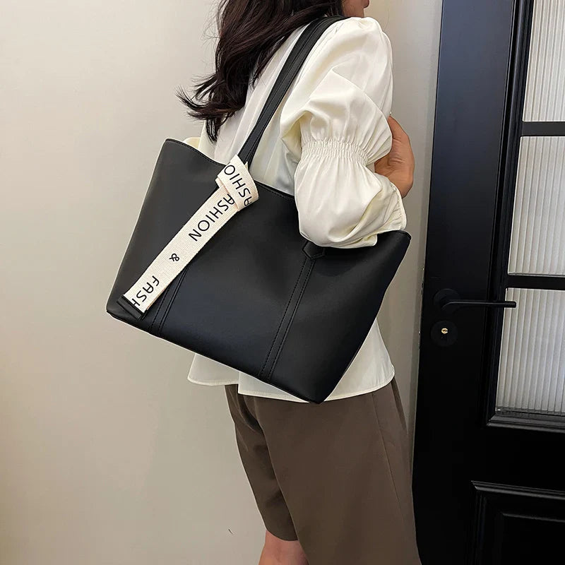 Oversized PU Tote Bag | Contrast Strap & Magnetic Closure | Casual Streetwear Carryall