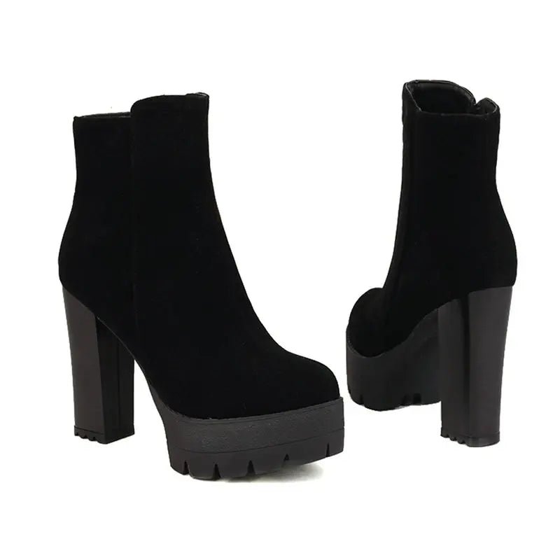 Chunky Heel Platform Ankle Boots | Faux Suede | Lug Sole Design | Fall & Winter Wear