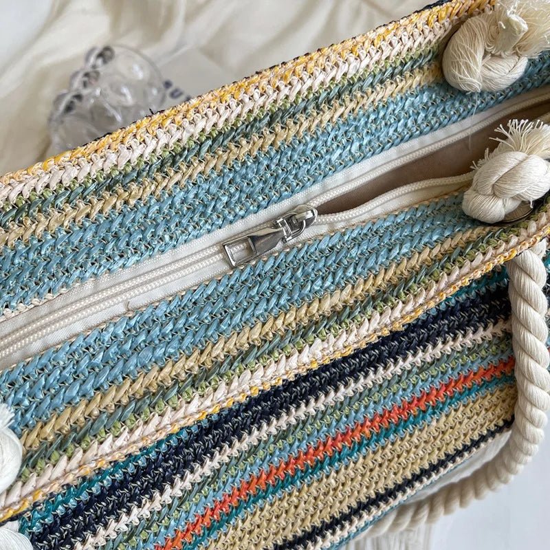 Striped Crochet Shoulder Tote Bag | Lightweight Knit | Oversized Beach Style