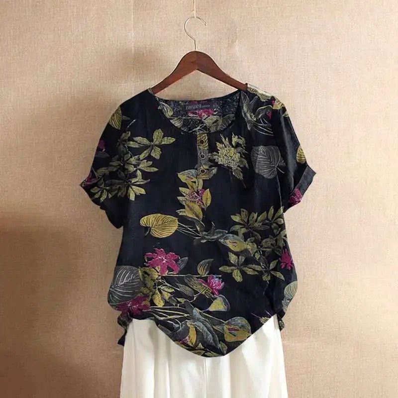 Floral Linen-Blend Short Sleeve Blouse | Casual Summer Top with Side Buttons