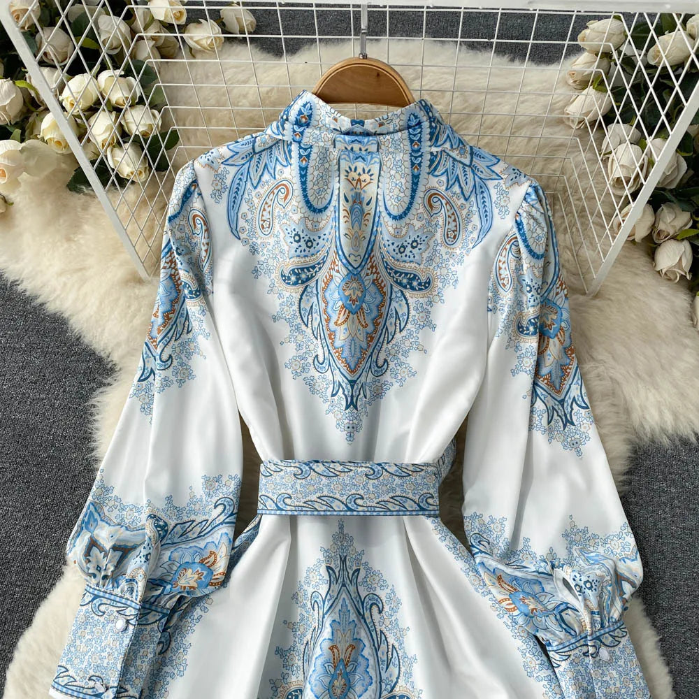 Satin Belted Maxi Dress | Paisley Print Shirt Dress | Long Sleeve Formal Fit