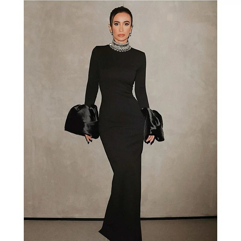 Elegant Black Maxi Gown | High Neck with Embellishments | Fitted Silhouette | Formal Evening Wear