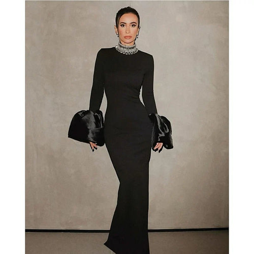 Elegant Black Maxi Gown | High Neck with Embellishments | Fitted Silhouette | Formal Evening Wear