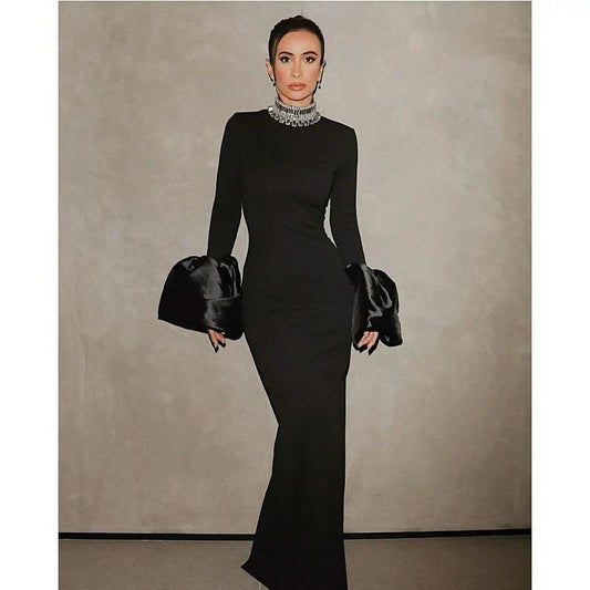 Elegant Black Maxi Gown | High Neck with Embellishments | Fitted Silhouette | Formal Evening Wear