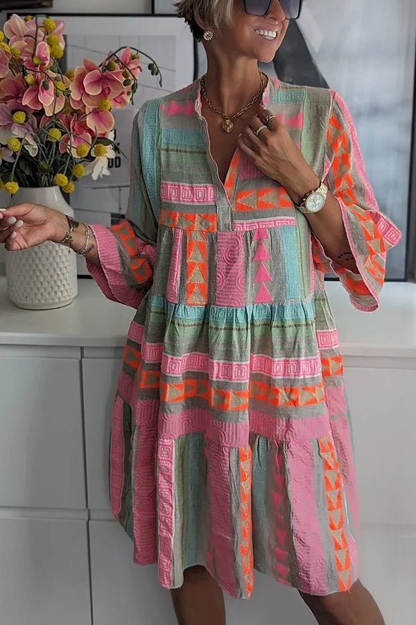 Boho Embroidered Tunic Dress | Relaxed Tiered Fit | Vibrant Geometric Motif